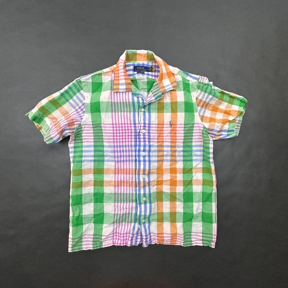 Polo Ralph Lauren Shirt Mens Medium Multicolor Linen Blend Loop Collar Comfort